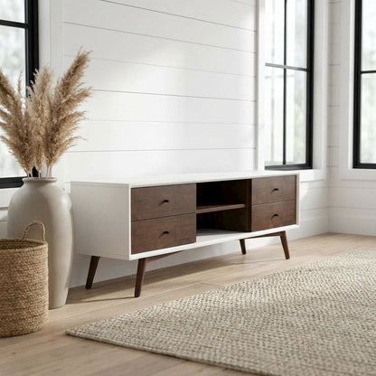 White Walnut TV Stand, Up to 72 Inches, Wood Construction, Modern Style
