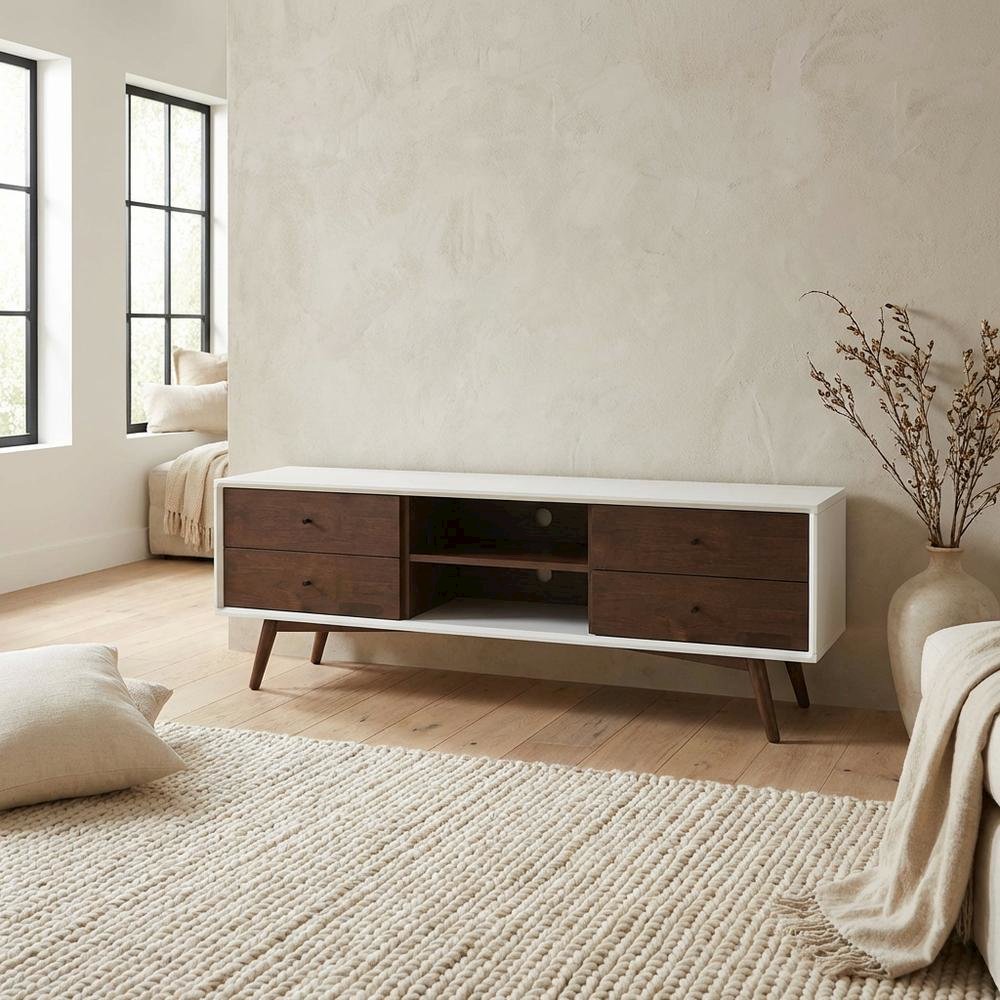White Walnut TV Stand, Up to 72 Inches, Wood Construction, Modern Style