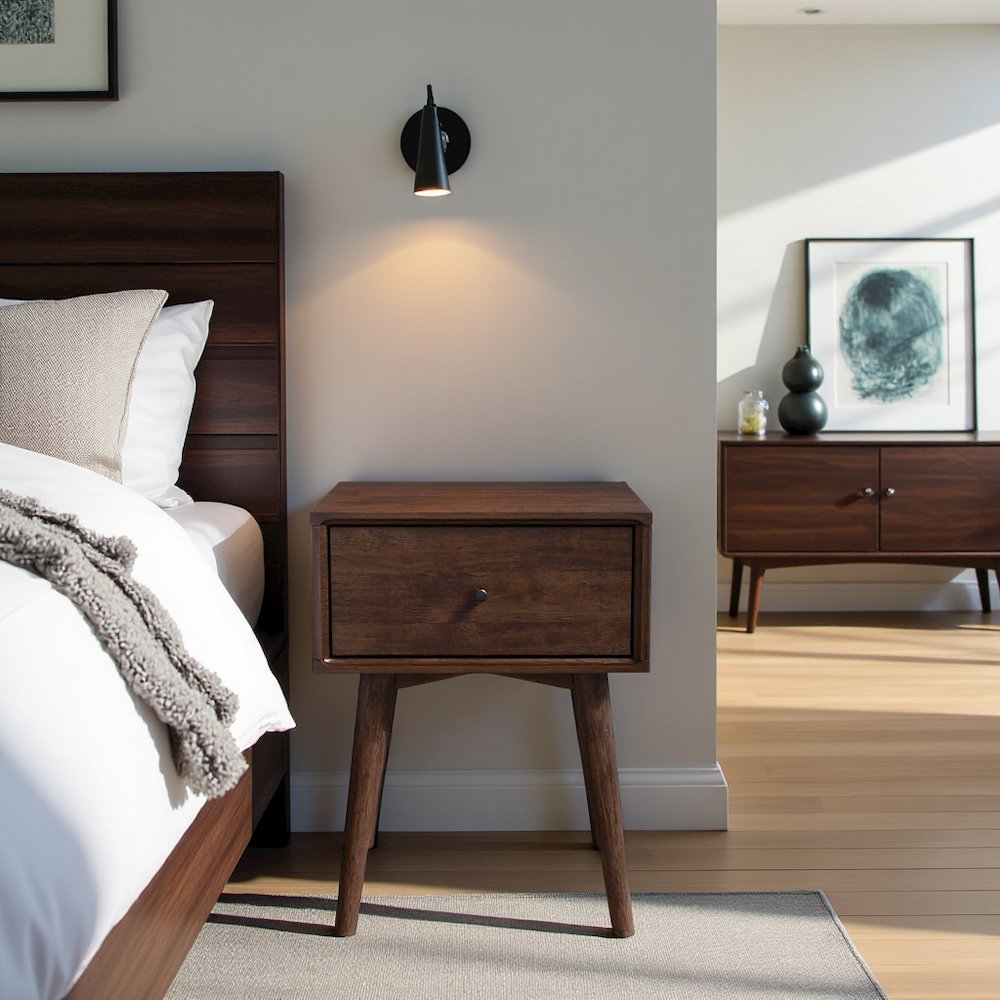 Solid Wood Mid Century Modern Nightstand in Brown, Modern Nightstand Design