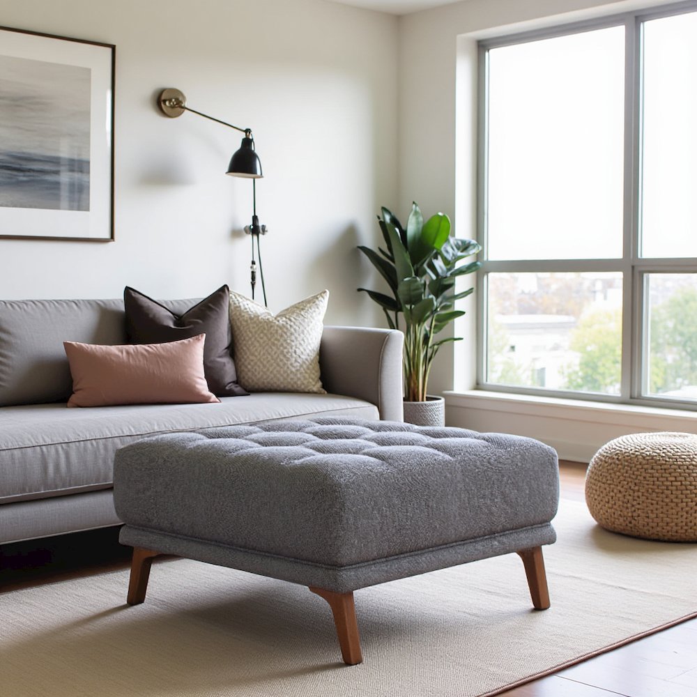 Gray Upholstered Square Ottoman with Foam and Solid Wood, Ideal Foot Rest