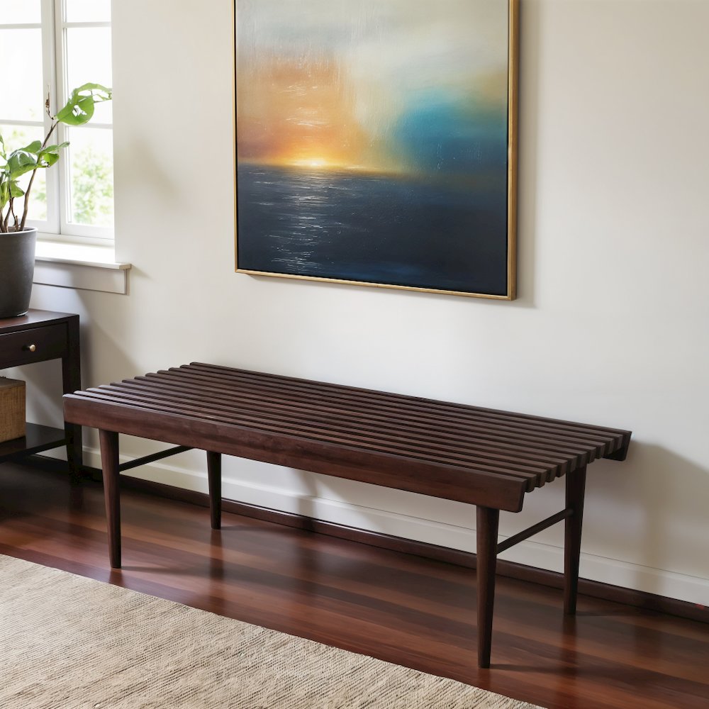 Brown Teak Wood Entryway Bench, Solid Wood Bedroom Bench for Dining Use
