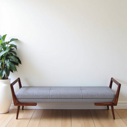 Gray Fabric Bench with Solid Wood Frame, Foam Cushions, Modern Entryway Bench