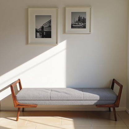 Gray Fabric Bench with Solid Wood Frame, Foam Cushions, Modern Entryway Bench