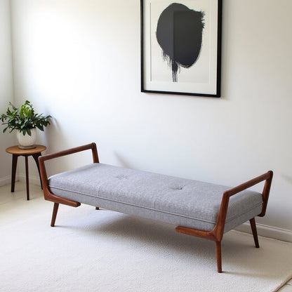 Gray Fabric Bench with Solid Wood Frame, Foam Cushions, Modern Entryway Bench