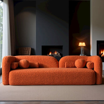 Orange Boucle Cloud Sofa, Comfy and Fluffy Couch with Solid Wood Frame