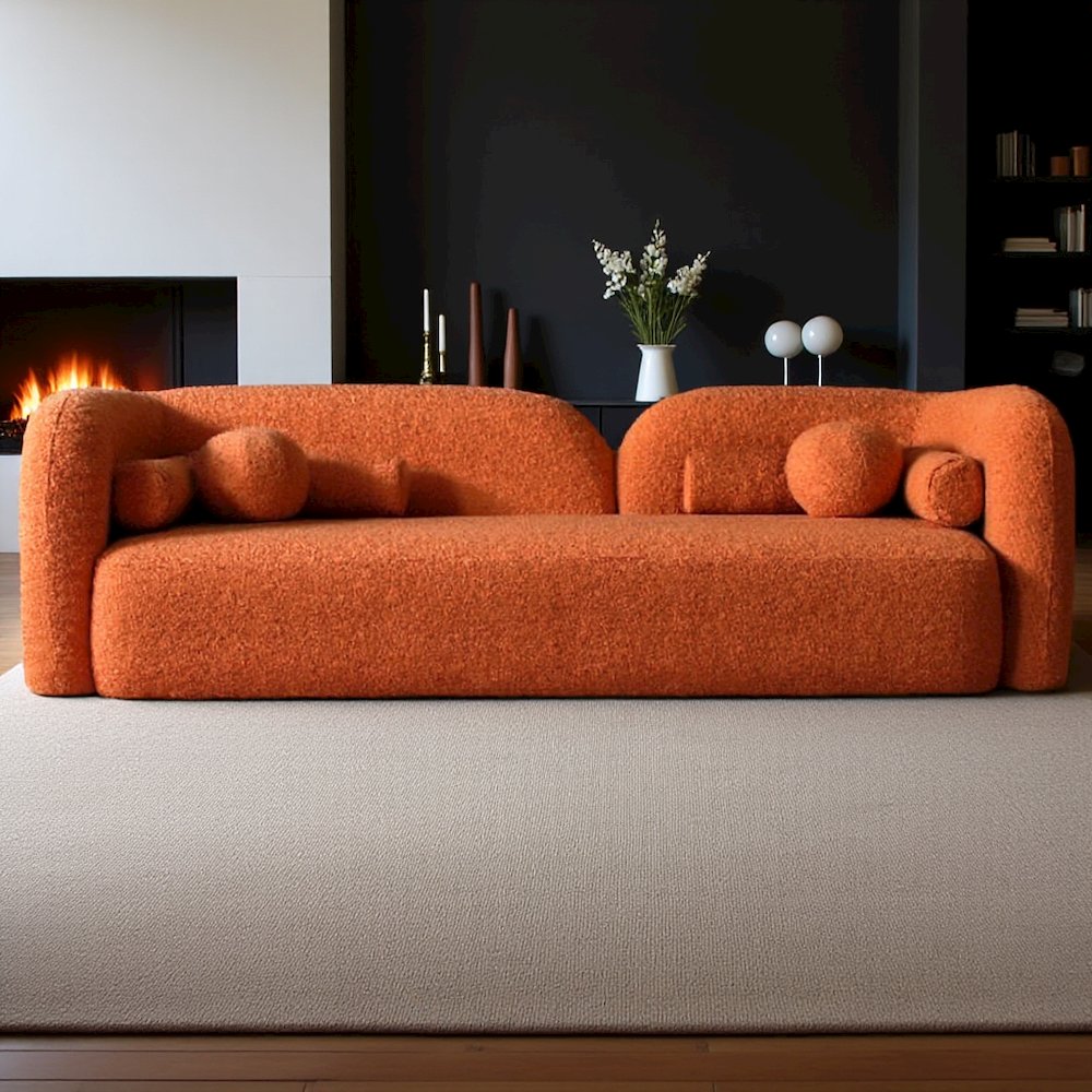 Orange Boucle Cloud Sofa, Comfy and Fluffy Couch with Solid Wood Frame