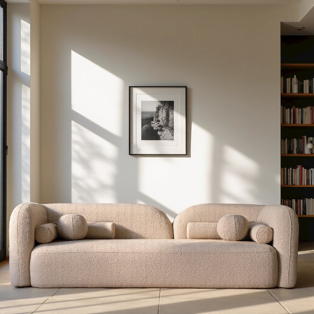 Beige Cloud Sofa, Comfy Couch with Solid Wood Frame and Boucle Upholstery