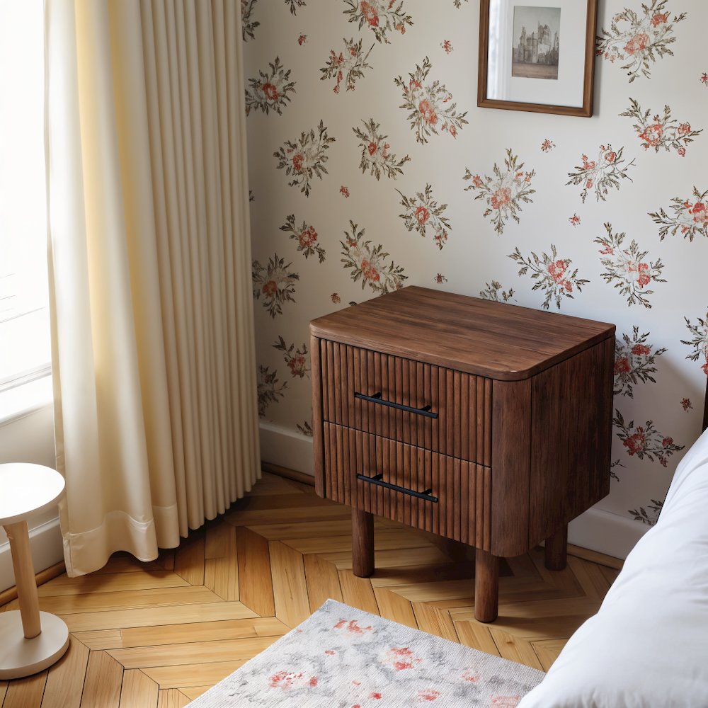Brown Solid Wood Nightstand with 2 Drawers, Mid Century Modern Design