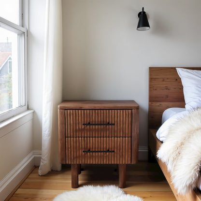 Brown Solid Wood Nightstand with 2 Drawers, Mid Century Modern Design