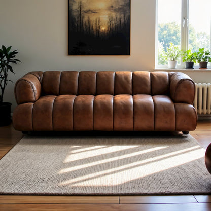 89.7'' Leather Sofa in Beige, Modern Living Room Couch with Comfortable Design