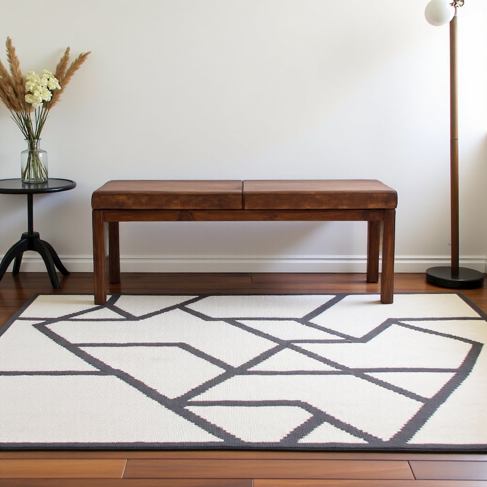 Beige Leather Entryway Bench with Lines, Ideal Bedroom & Dining Bench