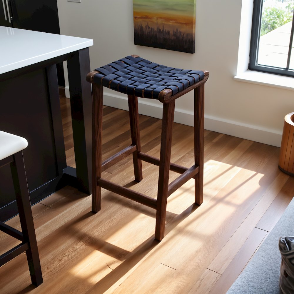 Modern Genuine Black Leather 24.5” Counter Stool with Wood Base
