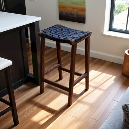 Modern Genuine Black Leather 24.5” Counter Stool with Wood Base