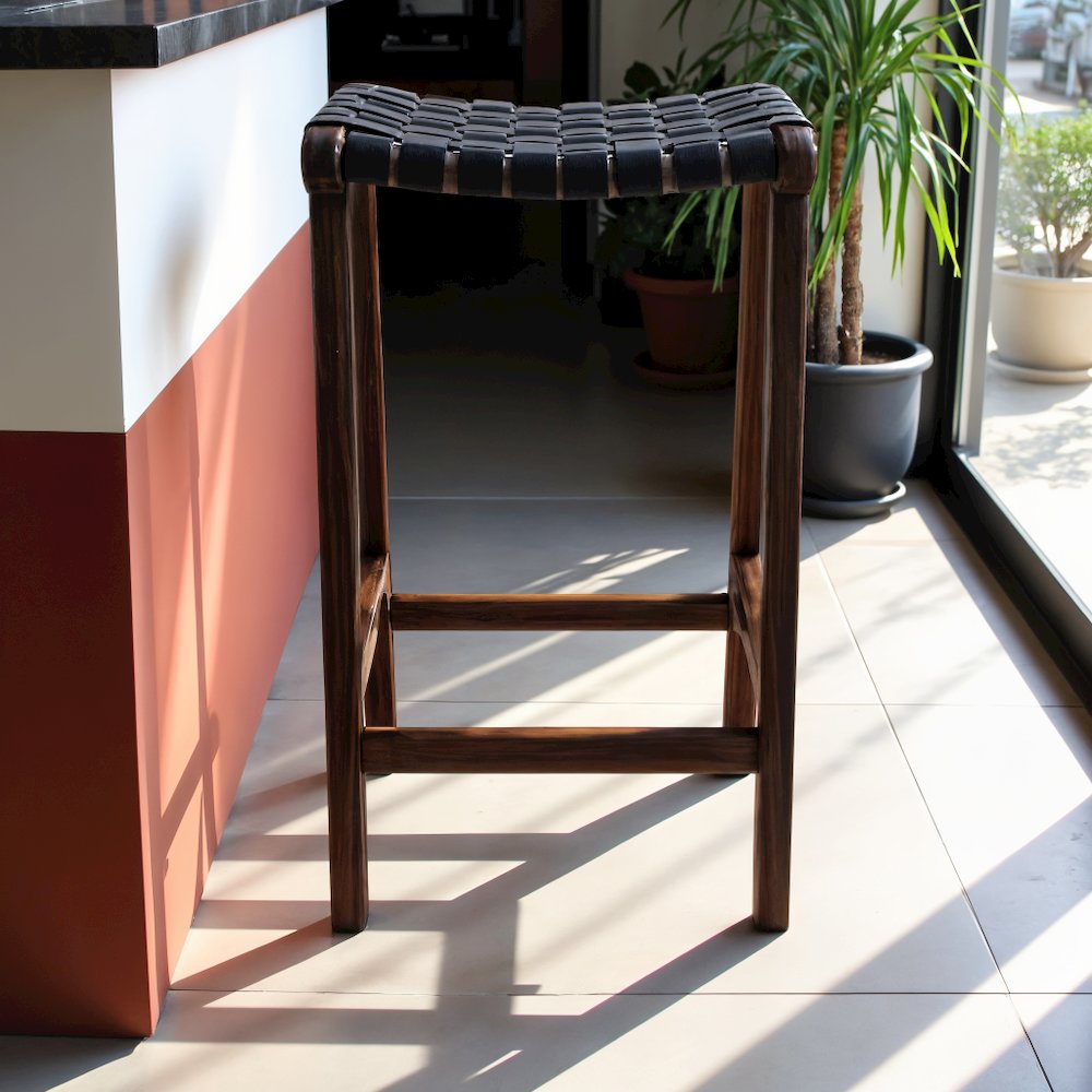 Modern Genuine Black Leather 24.5” Counter Stool with Wood Base