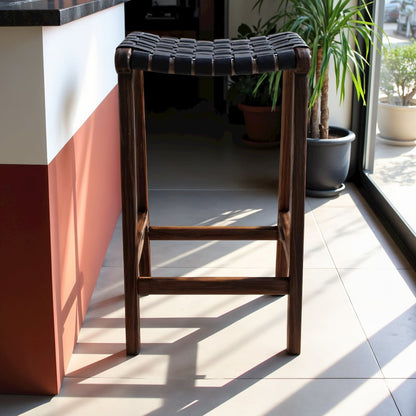 Modern Genuine Black Leather 24.5” Counter Stool with Wood Base