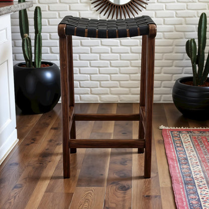 Modern Genuine Black Leather 24.5” Counter Stool with Wood Base