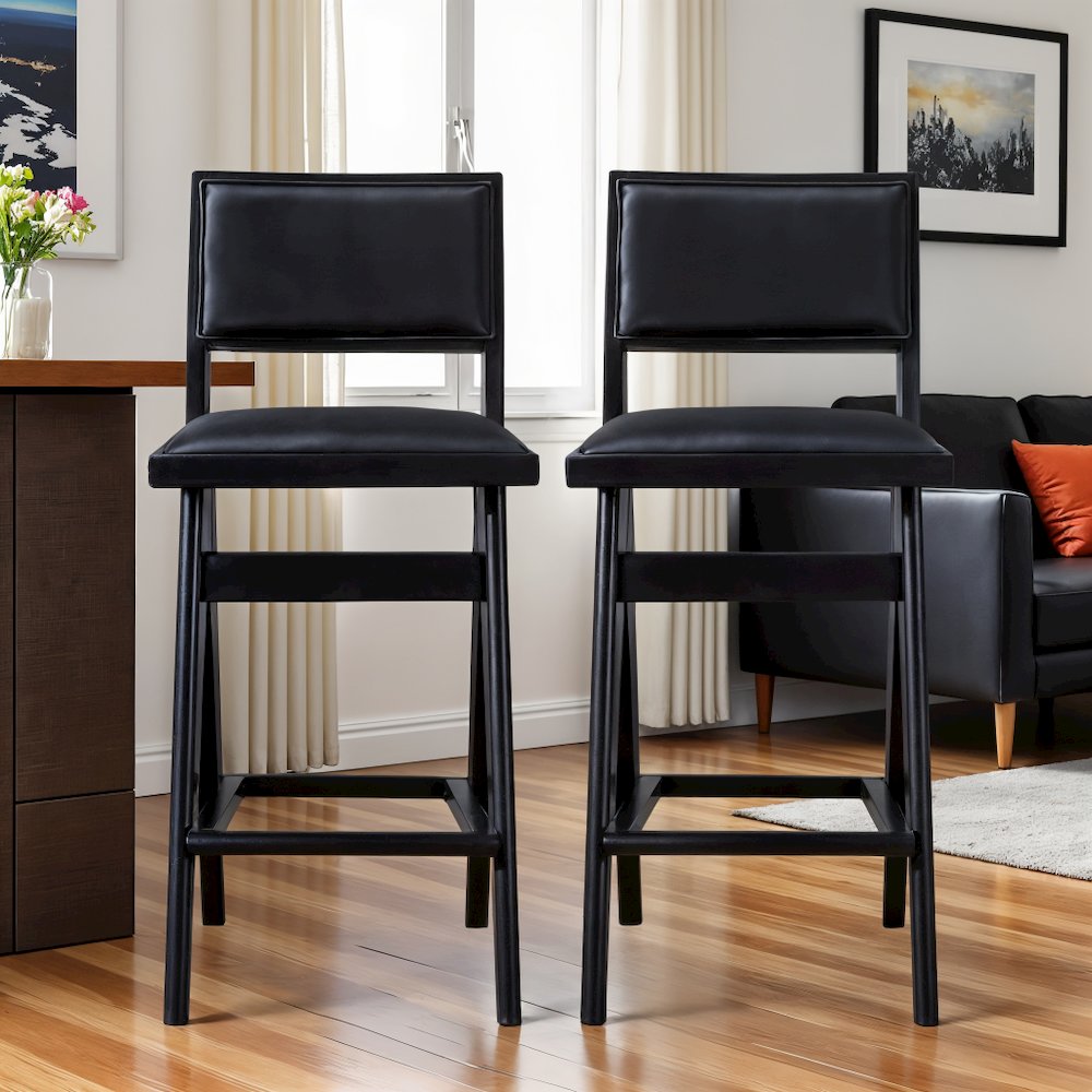 Black PU Leather Stool for Vanity, Set of 2, Small Vanity Seat for Desk