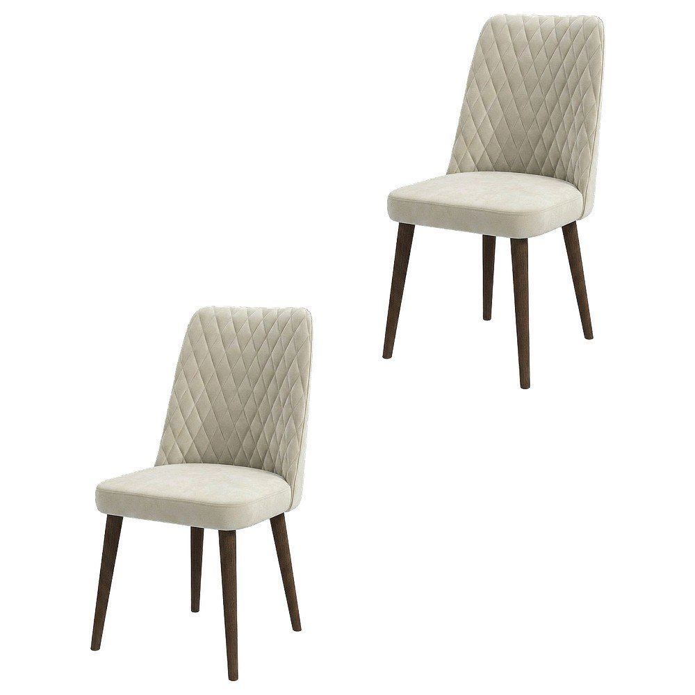 Velvet Mid-Century Modern Dining Chairs with Walnut Legs, Beige, Set of 2