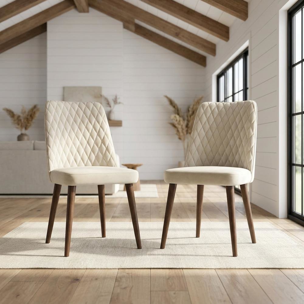 Velvet Mid-Century Modern Dining Chairs with Walnut Legs, Beige, Set of 2