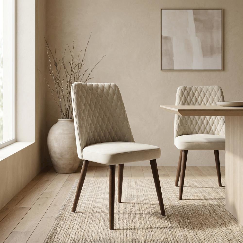 Velvet Mid-Century Modern Dining Chairs with Walnut Legs, Beige, Set of 2