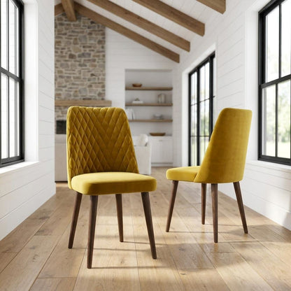 Velvet Mid-Century Modern Dining Chairs with Walnut Legs, Gold, Set of 2