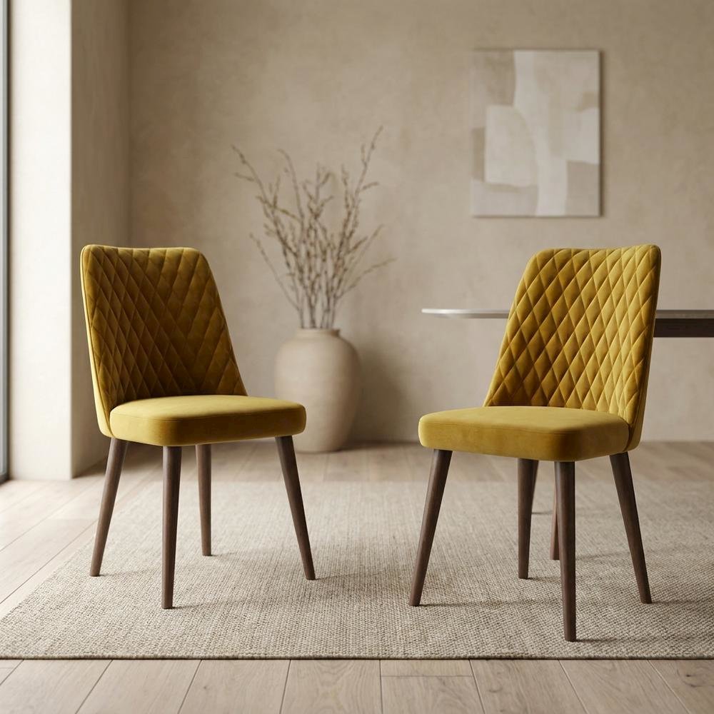 Velvet Mid-Century Modern Dining Chairs with Walnut Legs, Gold, Set of 2