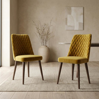 Velvet Mid-Century Modern Dining Chairs with Walnut Legs, Gold, Set of 2