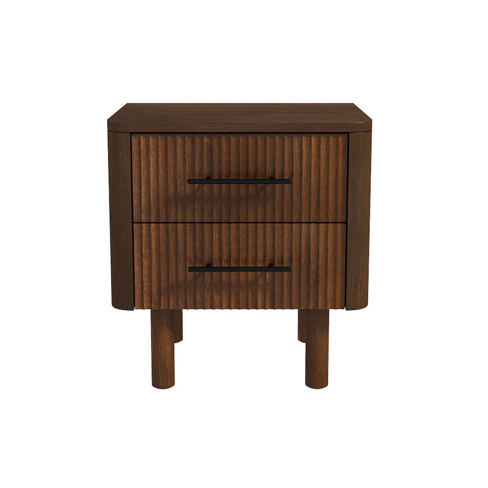 Brown Solid Wood Nightstand with 2 Drawers, Mid Century Modern Design