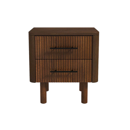 Brown Solid Wood Nightstand with 2 Drawers, Mid Century Modern Design