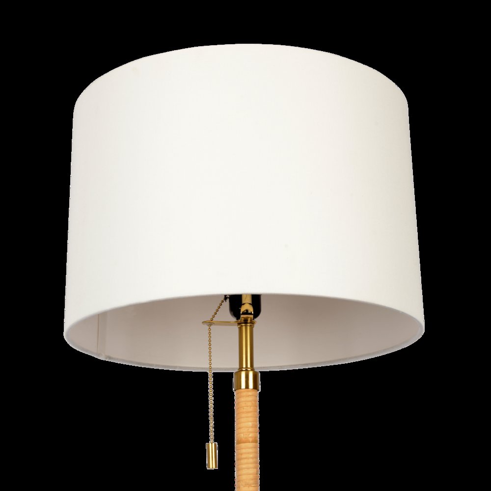 Stellar Wood Rattan Tube - Gold Brass Metal and White Linen Shade Floor Lamp