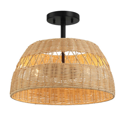 2-Light Rattan Semi-Flush Mount | Black Metal & Woven Farmhouse Ceiling Light