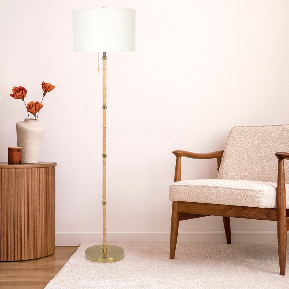 Stellar Wood Rattan Tube - Gold Brass Metal and White Linen Shade Floor Lamp
