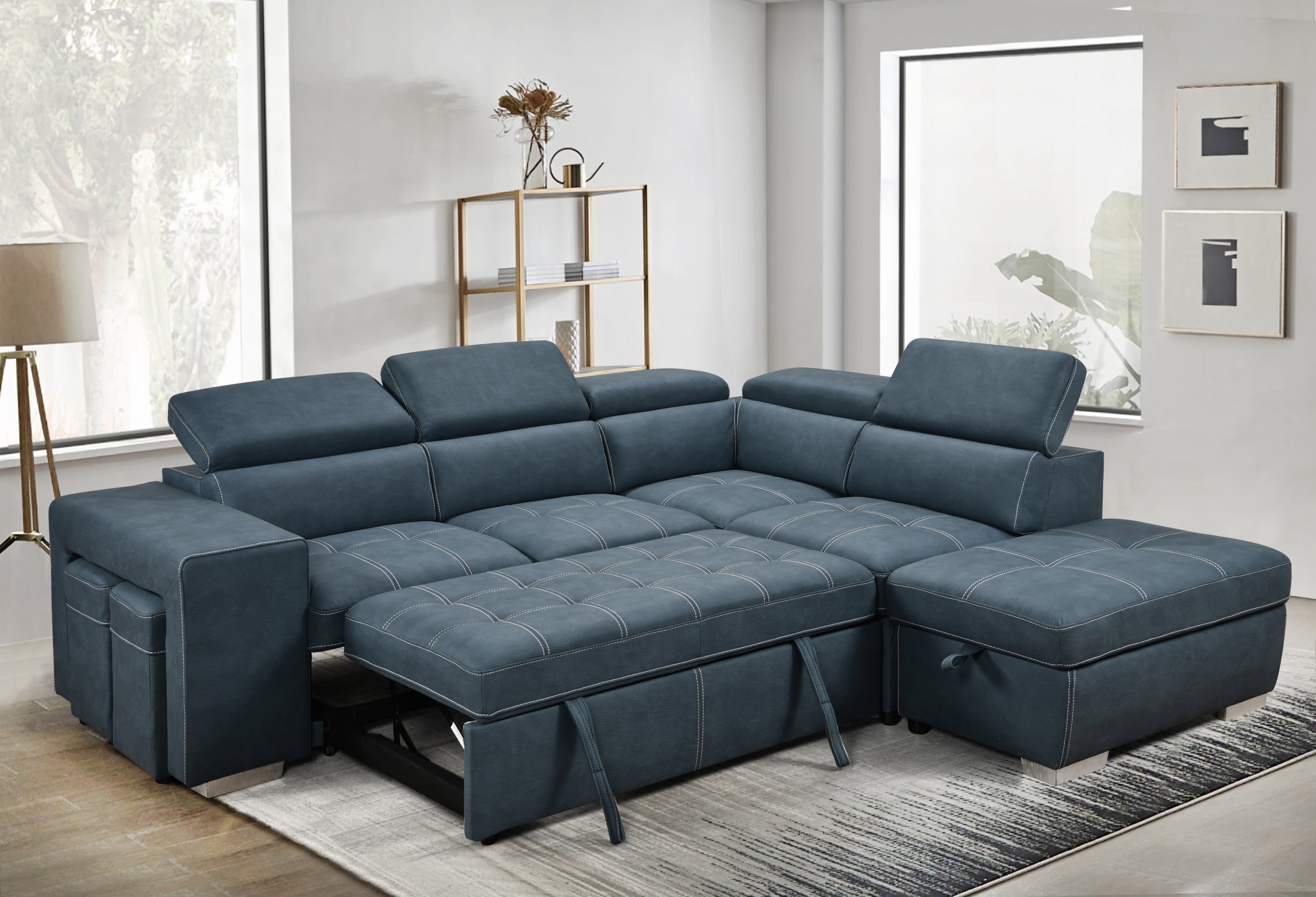 105" Sectional Sofa with Adjustable Headrest ,Sleeper Sectional Pull Out Couch Bed with Storage Ottoman and 2 Stools,Blue