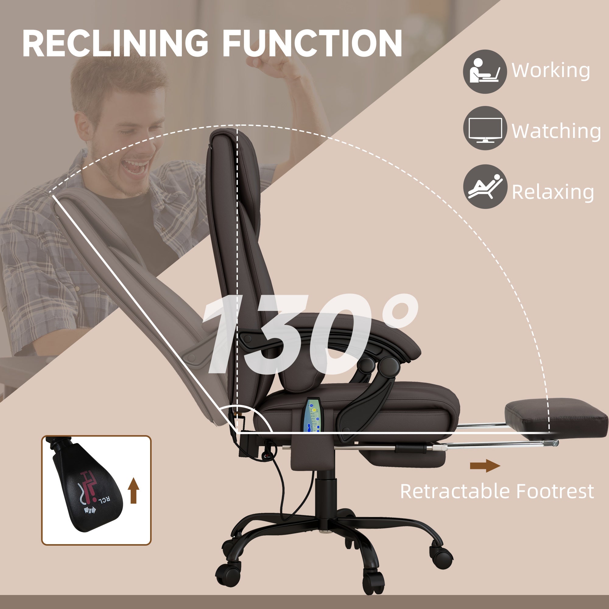 High Back Vibration Massage Office Chair with 6 Points, Hight Adjustable Computer Desk Chair, Reclining Office Chair with Retractable Footrest and Remote, Brown