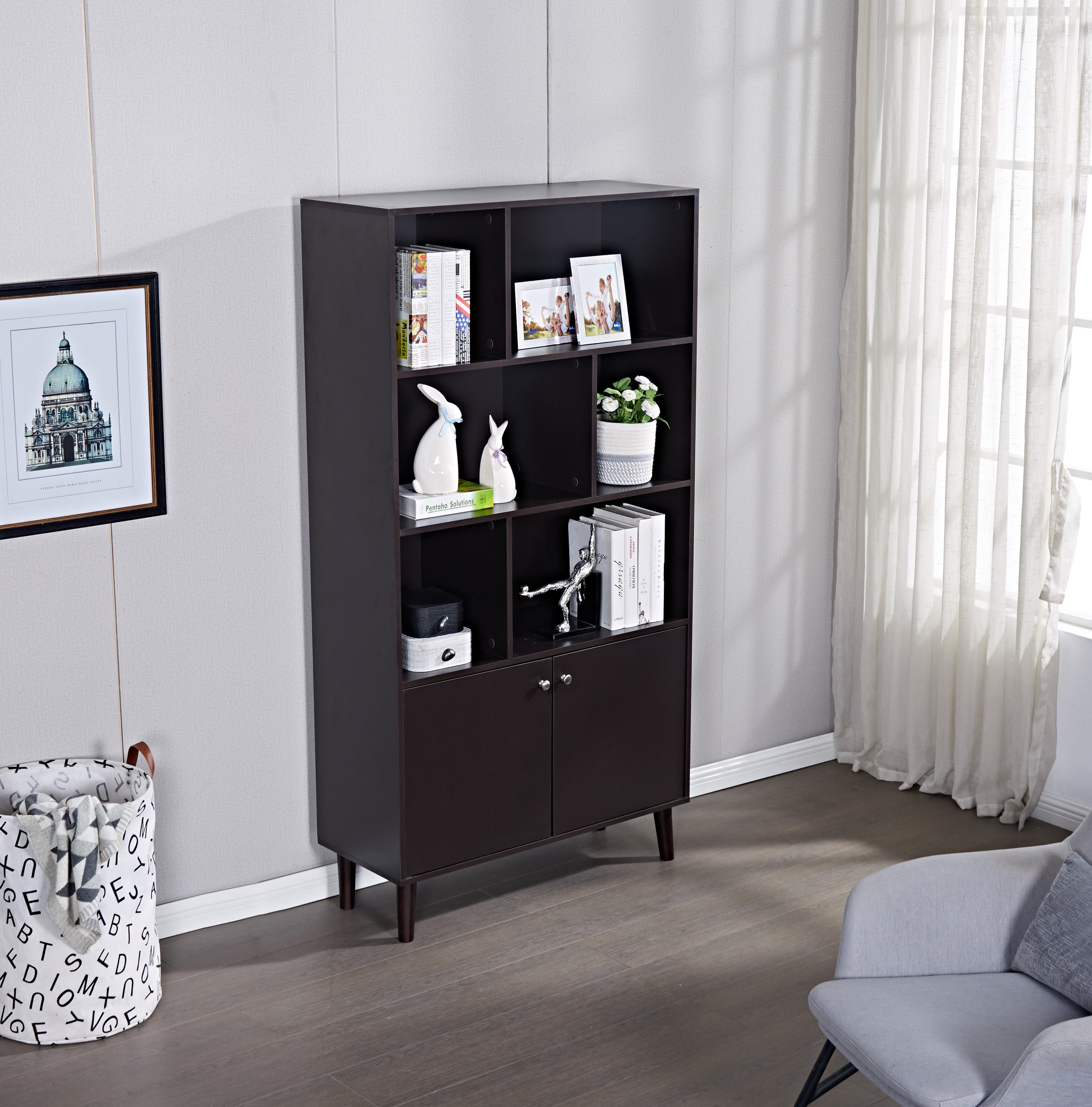 67" Bookcase with Doors, 3-tier Bookshelf, Coffee