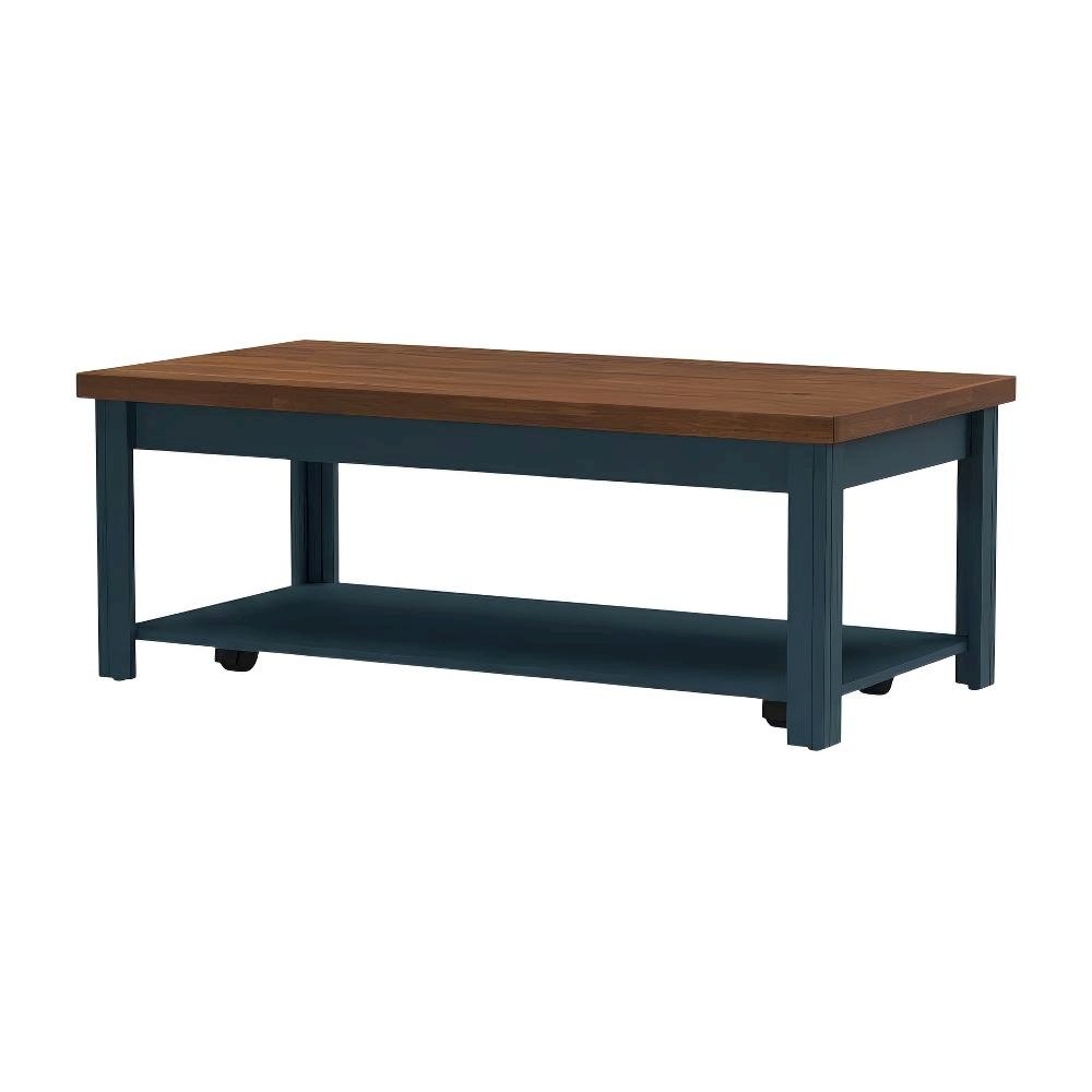 Blue and Brown Open Storage Coffee Table with Wood Veneer Surface
