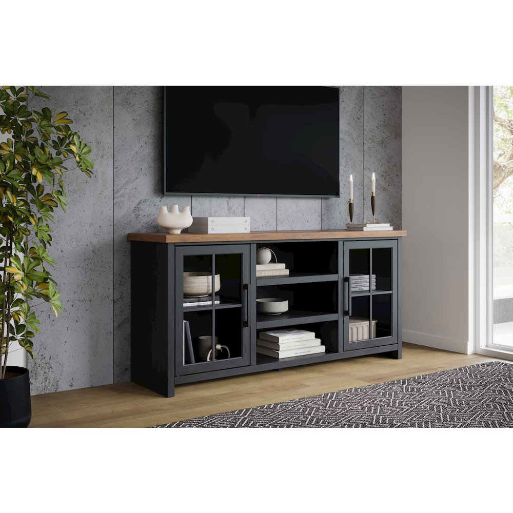 Essex 67 inch TV Stand Console for TVs up to 80 inches, Black and Whiskey Finish