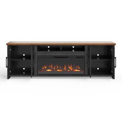 97 inch Fireplace TV Stand for TVs up to 100 inches, Black and Whiskey Finish