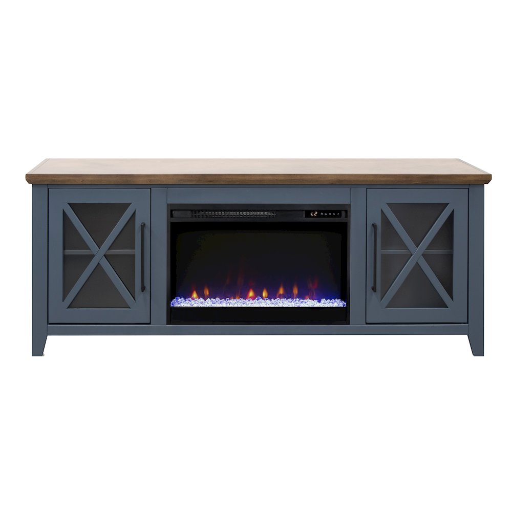 66 inch Fireplace TV Stand, For TVs up to 80 inches, Blue and Bourbon Finish