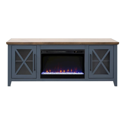 66 inch Fireplace TV Stand, For TVs up to 80 inches, Blue and Bourbon Finish