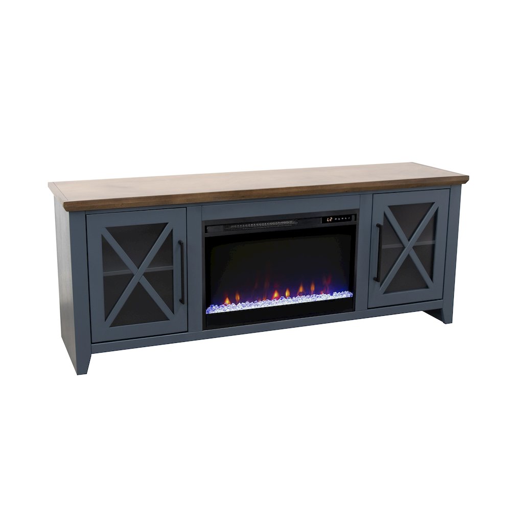 66 inch Fireplace TV Stand, For TVs up to 80 inches, Blue and Bourbon Finish