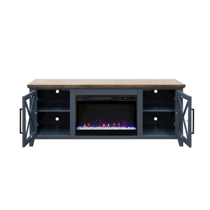 66 inch Fireplace TV Stand, For TVs up to 80 inches, Blue and Bourbon Finish