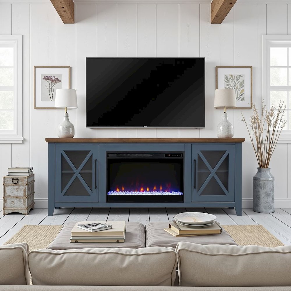 66 inch Fireplace TV Stand, For TVs up to 80 inches, Blue and Bourbon Finish