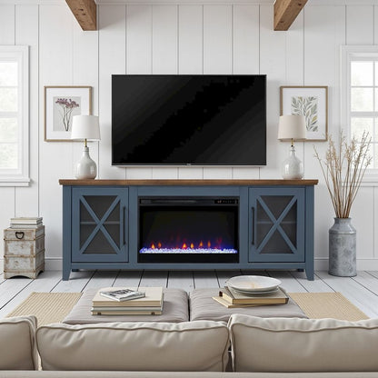 66 inch Fireplace TV Stand, For TVs up to 80 inches, Blue and Bourbon Finish
