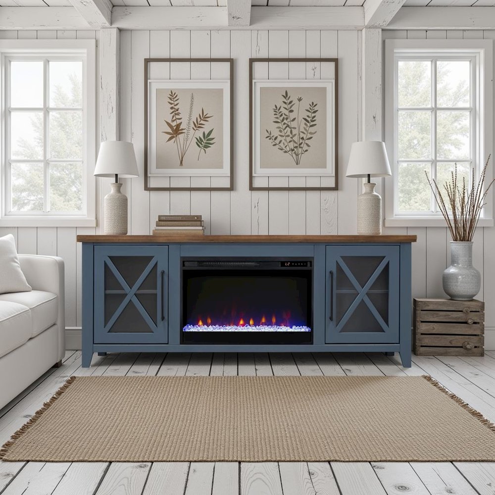 66 inch Fireplace TV Stand, For TVs up to 80 inches, Blue and Bourbon Finish