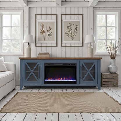 66 inch Fireplace TV Stand, For TVs up to 80 inches, Blue and Bourbon Finish