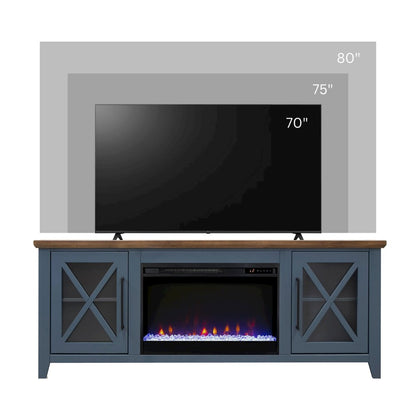 66 inch Fireplace TV Stand, For TVs up to 80 inches, Blue and Bourbon Finish