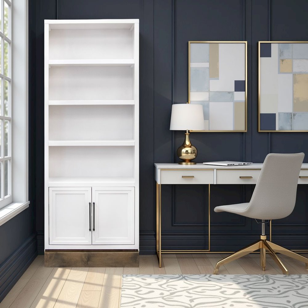 Nora 82 inch High Pier Bookcase, Jasmine White and Barnwood Finish