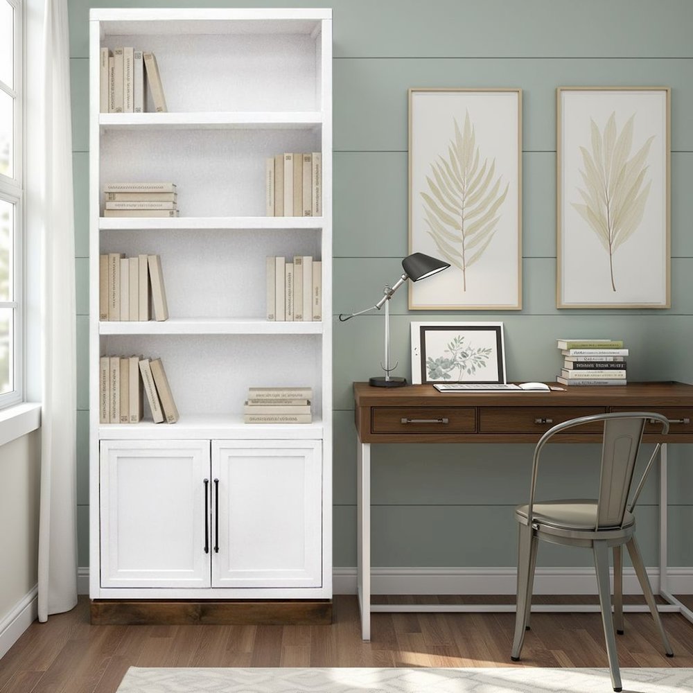 Nora 82 inch High Pier Bookcase, Jasmine White and Barnwood Finish