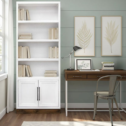 Nora 82 inch High Pier Bookcase, Jasmine White and Barnwood Finish
